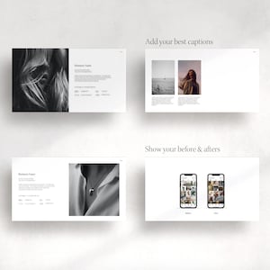 Puede incluir: Una maqueta de dise&ntilde;o de sitio web para un negocio. El sitio web presenta una foto en blanco y negro de la cara de una persona, una foto de una mujer en un campo y una foto de una pantalla de tel&eacute;fono que muestra fotos antes y despu&eacute;s.