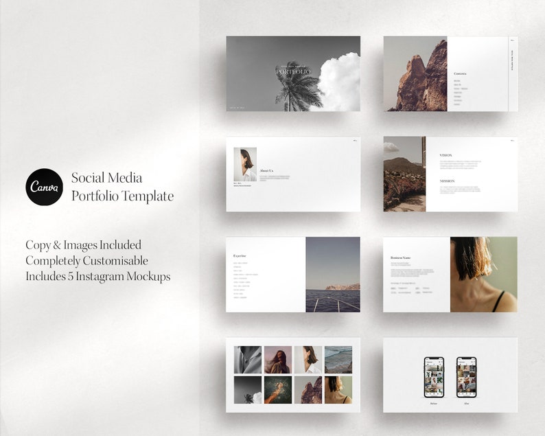 May include: A social media portfolio template with five Instagram mockups. The template is customisable and includes copy and images. The template features a white background with a minimalist design.