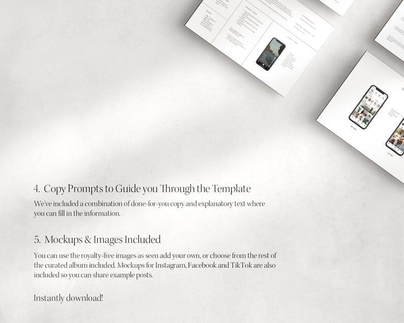 May include: A mockup of a smartphone screen showing a social media post with a curated album of images. The text on the screen reads "Instantly download!"
