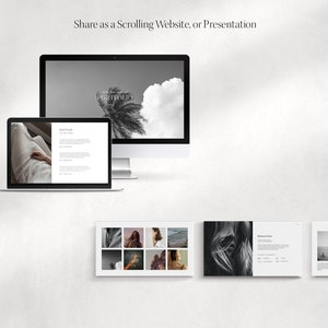 Puede incluir: Una maqueta de dise&ntilde;o de sitio web en una computadora port&aacute;til y una computadora de escritorio. El sitio web es un portafolio con un esquema de color blanco y negro. El sitio web presenta im&aacute;genes de una mujer, una playa y una palmera.