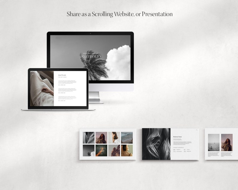 Puede incluir: Una maqueta de dise&ntilde;o de sitio web en una computadora port&aacute;til y una computadora de escritorio. El sitio web es un portafolio con un esquema de color blanco y negro. El sitio web presenta im&aacute;genes de una mujer, una playa y una palmera.