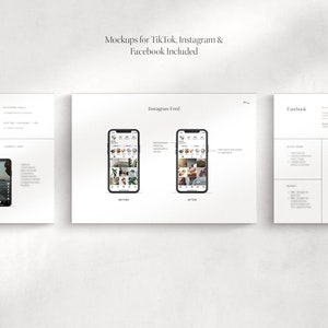 May include: Mockups for TikTok, Instagram, and Facebook. The image shows a white background with three white rectangles. The middle rectangle shows a smartphone with a mockup of an Instagram feed. The text "Instagram Feed" is above the phone. The text "Before" is below the left phone and "After" is below the right phone.