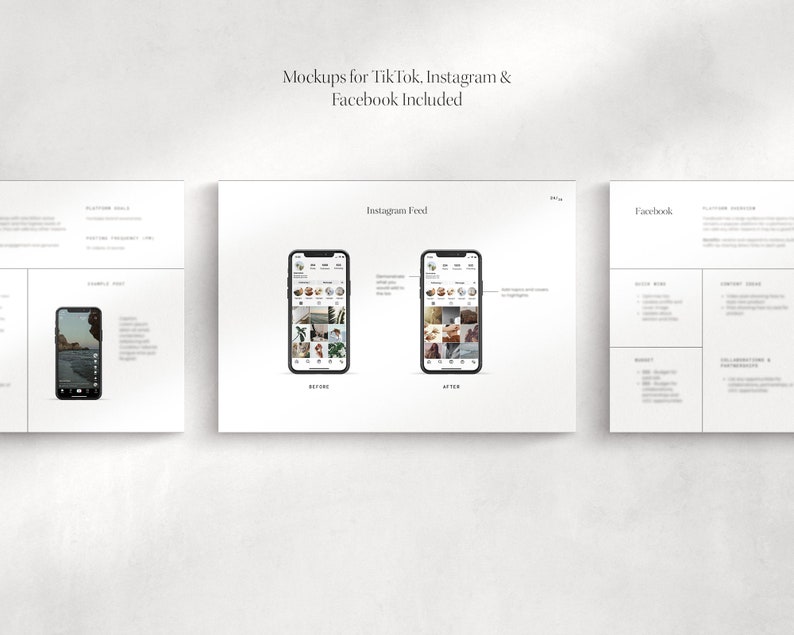 May include: Mockups for TikTok, Instagram, and Facebook. The image shows a white background with three white rectangles. The middle rectangle shows a smartphone with a mockup of an Instagram feed. The text "Instagram Feed" is above the phone. The text "Before" is below the left phone and "After" is below the right phone.