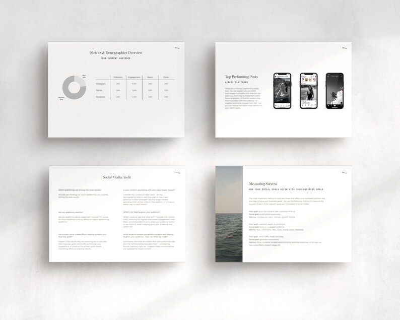 May include: A four-page document with tips for social media marketing. The document includes a pie chart, a table, and images of mobile phone screens. The document also includes text about measuring success and social media audits.