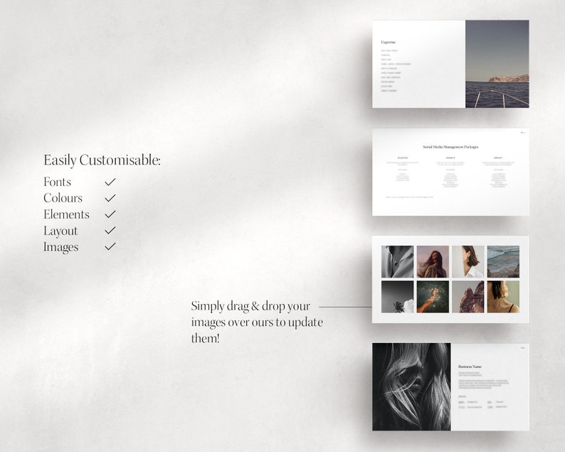 Puede incluir: Una plantilla de presentaci&oacute;n blanca con fondo gris. La plantilla es f&aacute;cilmente personalizable con fuentes, colores, elementos, dise&ntilde;o y im&aacute;genes. El texto en la plantilla dice "F&aacute;cilmente personalizable: Fuentes, Colores, Elementos, Dise&ntilde;o, Im&aacute;genes. &iexcl;Simplemente arrastra y suelta tus im&aacute;genes sobre las nuestras para actualizarlas!"