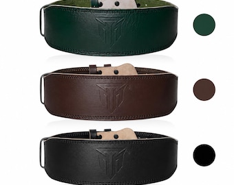 Cinto de levantamento de peso MT em couro genuíno, 10 cm (4 polegadas), com fivela dupla, para homens e mulheres, ideal para levantamento terra, agachamento e suporte lombar. Disponível nas cores preto, marrom e verde.