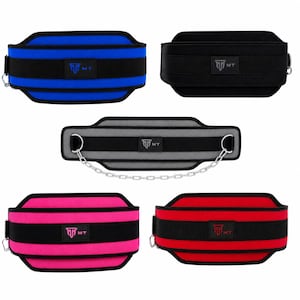 May include: Five weightlifting dip belts in blue, black, gray, pink, and red. Each belt features a central black strap, a rectangular patch with the MT logo, and metal D-rings. The gray belt includes a silver metal chain attached to the D-rings.