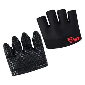 May include: Two black fingerless workout gloves. One glove has a textured, hexagonal pattern on the palm. The other glove has the red letters "MT" printed on the wrist strap.