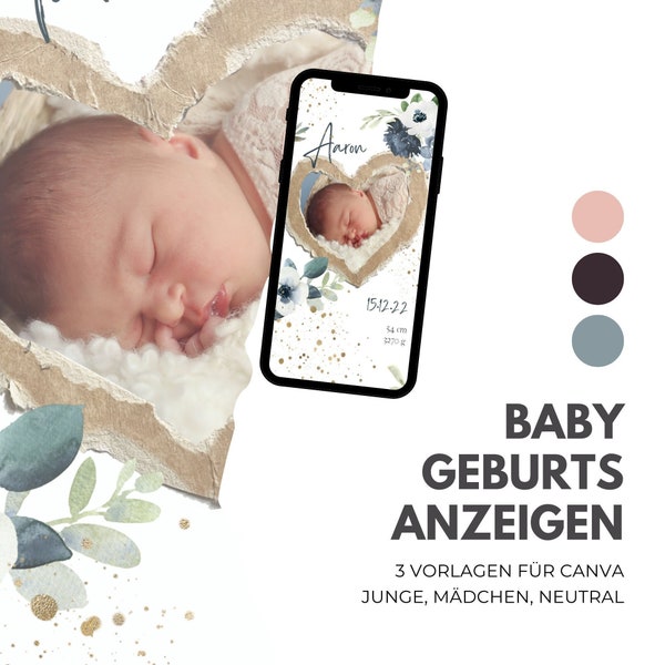 3x anuncio de nacimiento personalizado | Anunciar nacimiento con foto | Anuncio de nacimiento digital WhatsApp | Plantilla Canva para teléfono móvil alemán - bebé