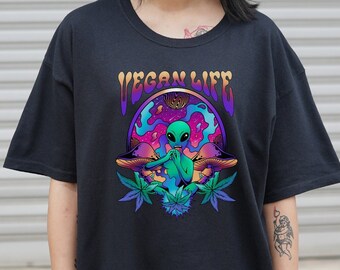 Vegan Alien Mushroom T-shirt, Funny Graphic Tee