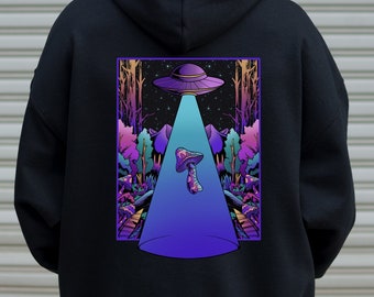 UFO Abducting Mushroom Hoodie, Trippy Alien Rave Shirt