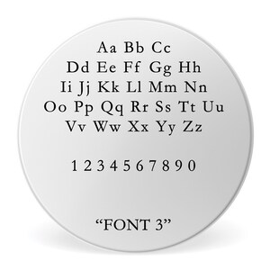 May include: A white circle with black text showing the alphabet in uppercase letters, numbers 1 through 0, and the text "FONT 3".