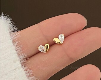 Unique Heart Stud Earrings, Tiny Heart Earrings, 925 Sterling Silver Earrings, Gift for Her，CZ Diamond Earrings，Anniversary Gift，AB88