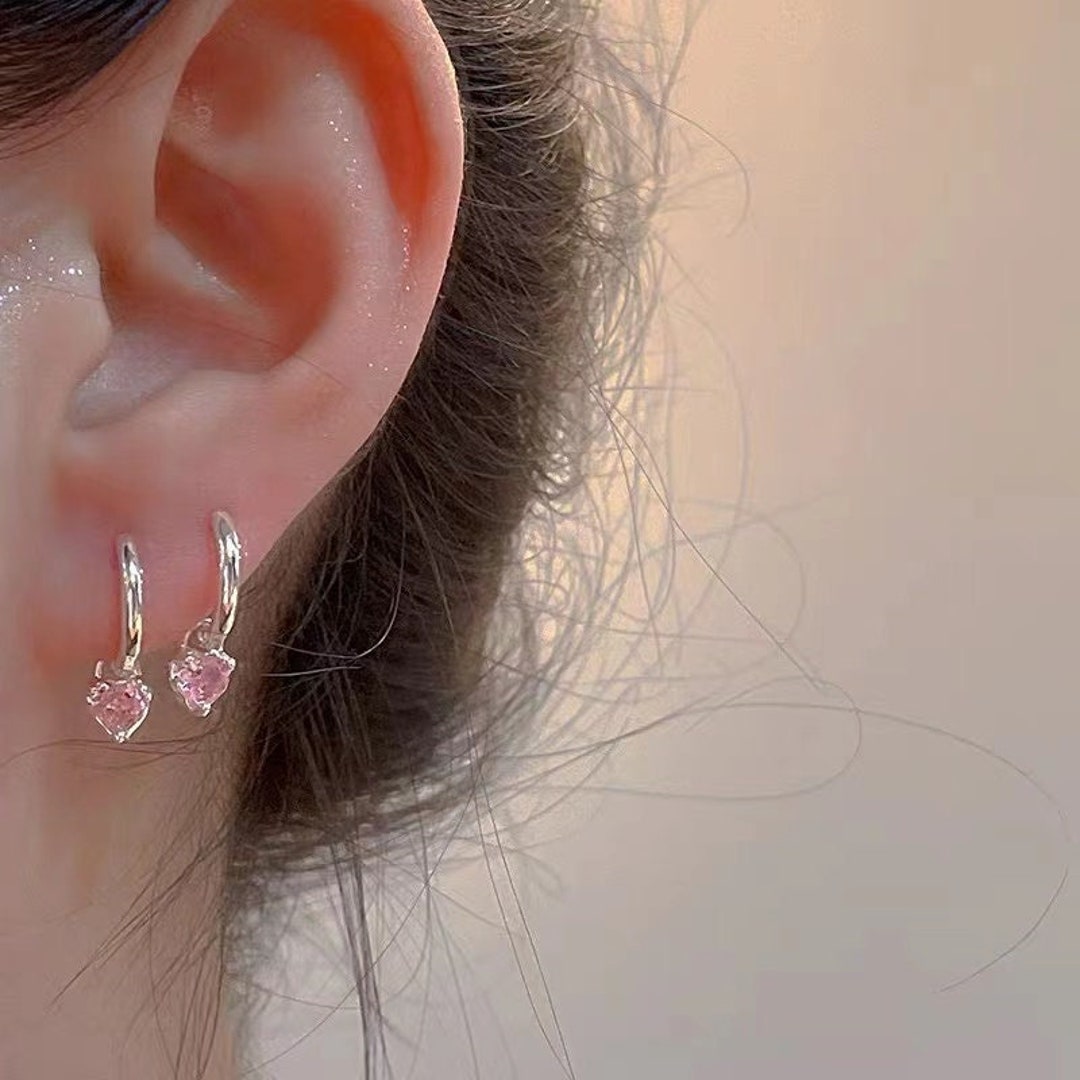 Two Styles in One，Pink Heart Diamond Earrings，925 Sterling Silver Hoop Earring，Minimalist Earring，Dainty Earring，Drop Earrings,AD04