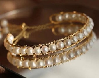 Freshwater Pearl Bangle , White Pearl Bracelet , Wedding Jewelry, Bridal Bracelet，Beaded Bracelet，Freshwater Pearl，Simple Gold Bracelet,AA82