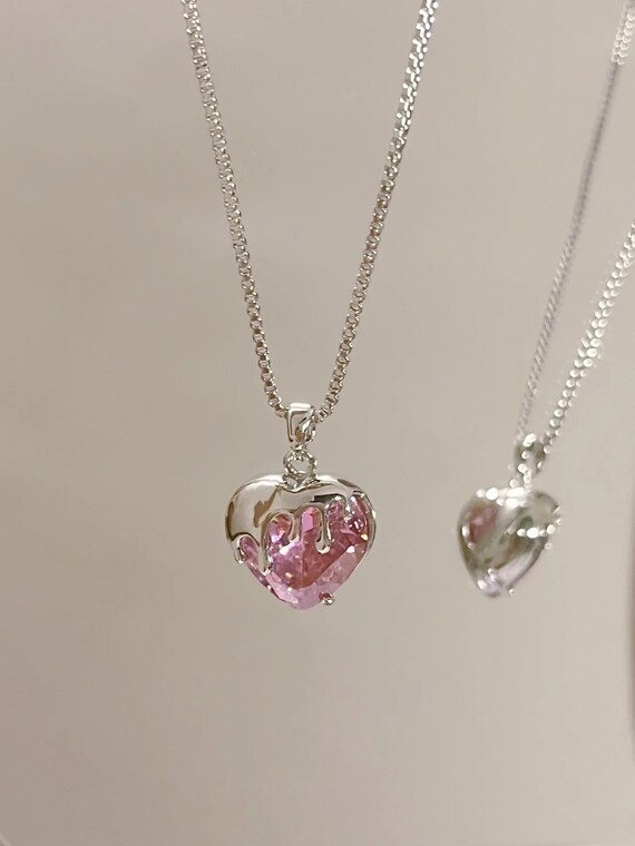925 Sterling Silver Pink Heart Necklace, Birthday Gift For Her，Eternity Necklace，Pink CZ Diamond Necklace，Melting Choker Necklace，AE32