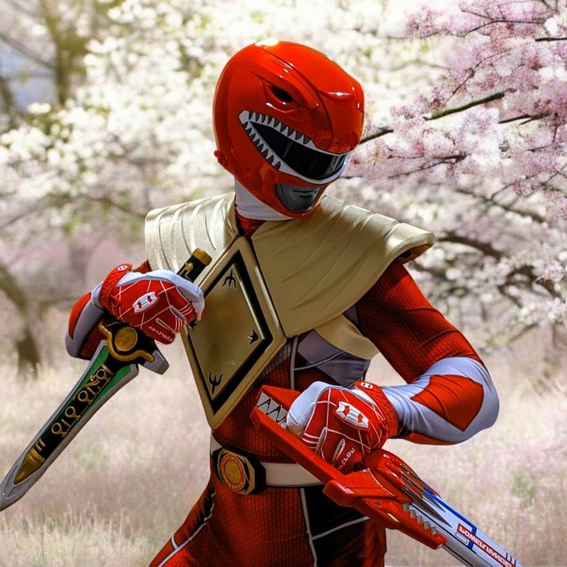 May include: A red Power Ranger costume with a gold chest plate and a red helmet with a white and black face mask. The Ranger is holding a green sword and a red blaster.