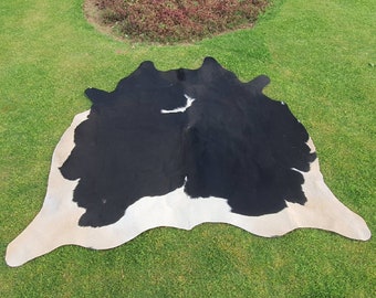 Alfombra única de piel de vaca en blanco y negro, piel de vaca brasileña en blanco y negro, alfombra grande para sala de estar, piel de vaca con pelo real, tapicería de cuero.