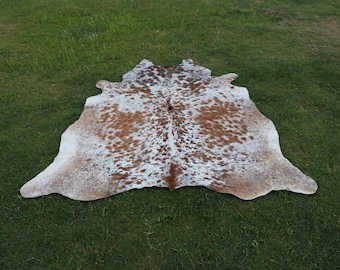 Genuine Brown and White Cowhide for Rustic Home Decor-Speckled Hair on Hide for Living Room-Western Cowhide Decor-Brazillian Floor Area Rug