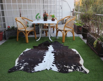 Real Cowhide Rug Dark Brown and White, Tricolor Exclusive Cow Skin Rug, Hair On Cow Hide Floor Area Rug, Luxury Cowhide Rug for Home Decor