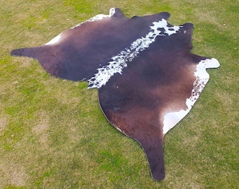 Cowhide Rugs Dark Brown and White - Tricolor Cow Skin Rugs - Living Room Area Rugs for Boho Home Decor - Brindle Soft Hair On Carpet Rugs