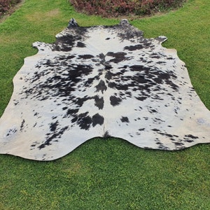 Cowhide Rug Black & White, Speckled Black Natural Cow Skin Rug, Cowhide with Real Hair On, Rug for Bedroom Aesthetic, Upholstery Leather