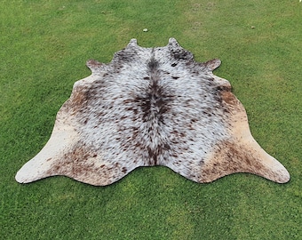 Brown and White Real Cowhide Rug-Large Cowhide Rug-Genuine Hair On Cow Skin Rug-Brindle Cowhide Floor Area Rug-Tricolor Speckled Cowhide Rug
