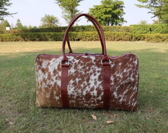 Cowhide Duffel Bag - Hair-on Leather Holdall - Hand Carry Travel Bag for Men & Women - Unisex Weekender Bag - Gym Luggage Bag - Shoulder Bag