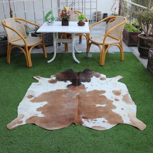 Exclusive Brazilian Cowhide - Brown and White Tricolor Cow Skin Rug - Panda Print Unique Cowhide Rug - Living Room Area Rug for Home Decor