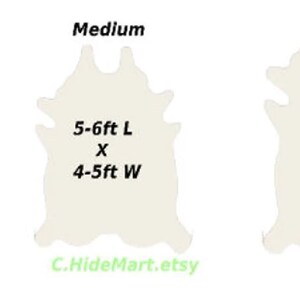 May include: A chart showing the different sizes of cowhide rugs. The sizes are labeled "Small", "Medium", and "Large". The measurements are in feet. The small rug is 4-5 feet long by 4-4 feet wide. The medium rug is 5-6 feet long by 4-5 feet wide. The large rug is 6-7 feet long by 5-6 feet wide.