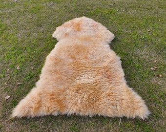 Genuine Sheepskin Rug, Beige Brown Real Sheep Skin, Fluffy Leather Lamb Skin Area Rug, Throw Rug for Bedroom Living Room