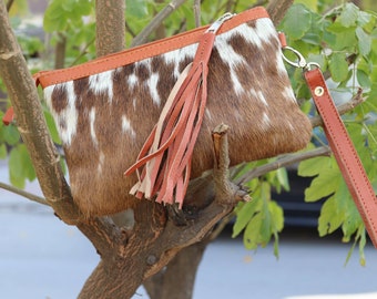Koeienhuid clutch - lederen handgemaakte schoudertasje - koe print slanke portemonnee voor vrouwen - echte koeienhuid bont handtas - geschenken voor haar - verjaardagscadeaus