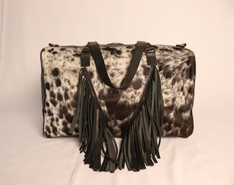 Customizable Cowhide Duffel Bag - Handcrafted Cowhide Weekender Bag - Gym Luggage Bag - Unisex Boho Travel Bag - Fringe Overnight Bag