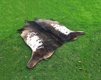 Genuine Tricolor Cowhide for Rustic Decor, Luxurious Handmade Dark Brown and White Animal Skin, Cow Skin Area Rug for Living Room