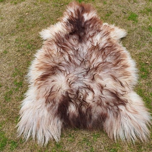 May include: A sheepskin rug with a white and brown color pattern. The rug is soft and fluffy, with long, thick fur.