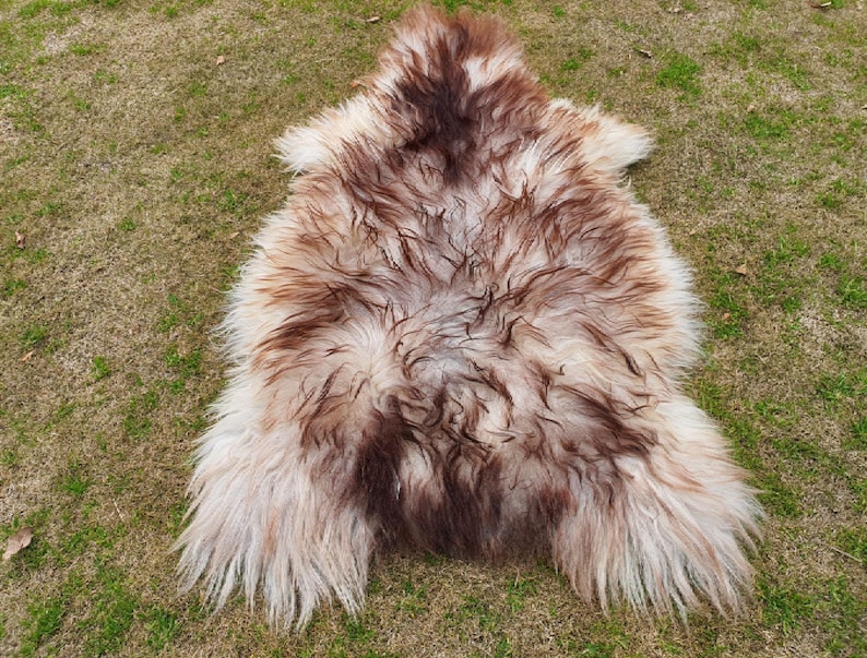May include: A sheepskin rug with a white and brown color pattern. The rug is soft and fluffy, with long, thick fur.
