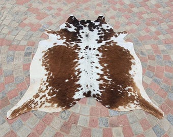 Real Tricolor Black and Brown Cowhide for the Living Room, Genuine Luxurious Cow Skin Large Floor Area Rug, Natural Speckled Hair on Cowhide