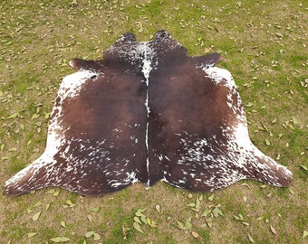 Cowhide Rugs in Dark Brown and White, Tricolor Speckled Cow Skin Rugs, Rugs for Upholstery, Living Room Western Area Rugs for Home Decor