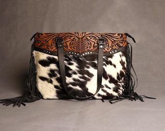 Cowhide Ladies Tote Bag - Real Cowhide Tote Shoulder Bag - Tooled Leather and Cowhide Tote Handbag - Western Cowhide Purse for Gift