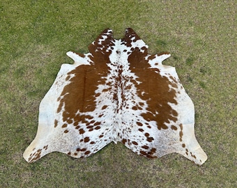 Tapete de couro de vaca marrom e branco manchado natural - Pele de luxo para sala de estar - Couro de vaca brasileiro - Decoração de couro de vaca ocidental - Tapete de área de piso