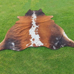 Genuine Brown and White Tricolor Brazillian Cow Skin for Western Home Decor, Handmade Luxurious Cowhide Large Floor Area Rug for Living Room