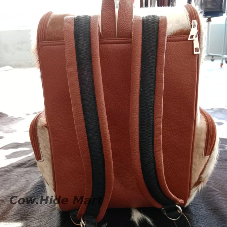 Cowhide Hair Print Leather Diaper Backpack - Brown & White Fur Backpack For Travel, Baby Gear & Daily Use - View #4