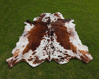 Large Brown and White Cowhide Rug-Natural Brazilian Cow Skin-Authentic Hair On Animal Skin-Genuine Brindle Cow Rug-Handmade Rug