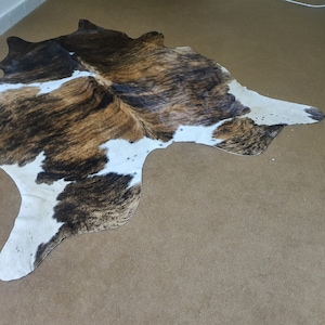 Best Brown Brindle Cowhide Rug- Large Floor Area Cowhide Carpet - Natural Cowskin Ottoman Rug With Hair on HIde -Real Tricolor Cowhide Rug