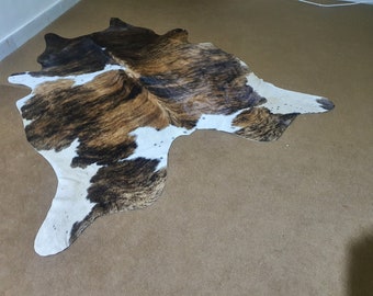 Best Brown Brindle Cowhide Rug- Large Floor Area Cowhide Carpet - Natural Cowskin Ottoman Rug With Hair on HIde -Real Tricolor Cowhide Rug