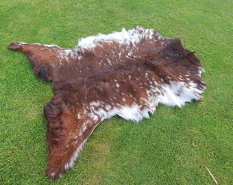 Goat-hide Rug Brown & White, Goatskin Pelt, Natural Goatskin Rug, Home Decor Animal Skin Rug, Bedroom Aesthetic Area Rug