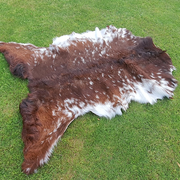 Goat-hide Rug Brown & White, Goatskin Pelt, Natural Goatskin Rug, Home Decor Animal Skin Rug, Bedroom Aesthetic Area Rug