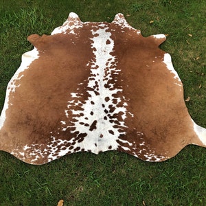 May include: A brown and white cowhide rug with a natural, spotted pattern. The hide is laid out flat on a green grassy surface.