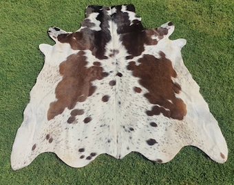 Brown and White Cowhide Rug Tricolour cow skin area Rug Special leather handmade Rug Large Cowhide Rug
