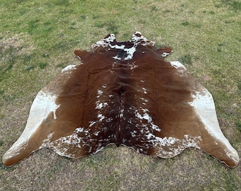 May include: A brown and white cowhide rug with a natural, spotted pattern. The rug is laid out on a green grassy surface.